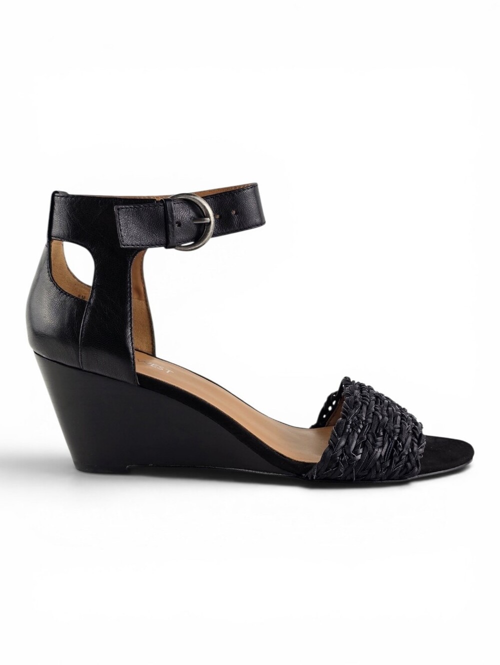 Nine West Women's Rylano Woven Leather Ankle Strap Wedge Sandals Black 8
